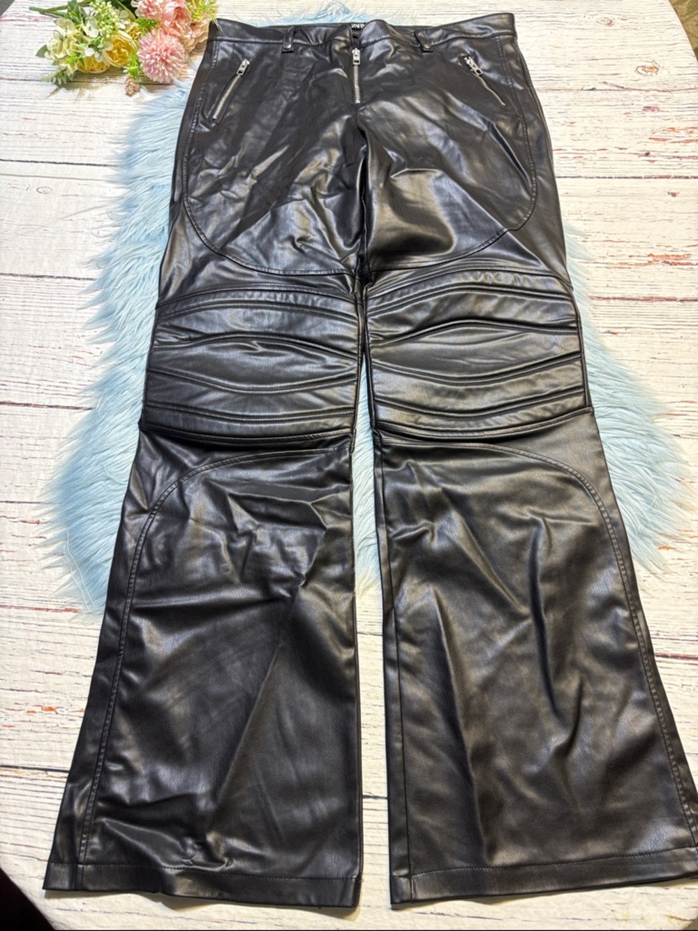 Zara Black Faux Leather Pants with Padded Knees Sz XXL